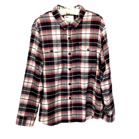 Tilley Flannel Shirt Button Up Plaid XXL Pink Cream Long Sleeve Organic Cotton - Picture 1 of 5